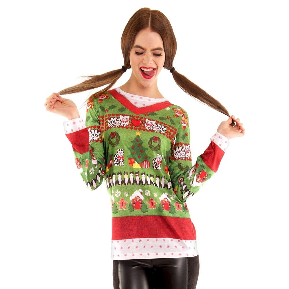 Women's Cats Ugly Christmas Sweater Costume, Long Sleeve T-Shirt - X-Large | Target