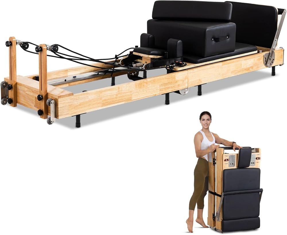 Pilates Reformer Machine Rubber Wood Pilates Bed Exercise Strength Training Foldable Reformer Equ... | Amazon (US)