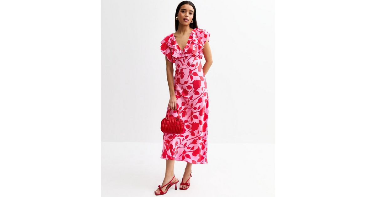 Pink Satin Floral print Ruffle Trim Midi Dress | New Look | New Look (UK)