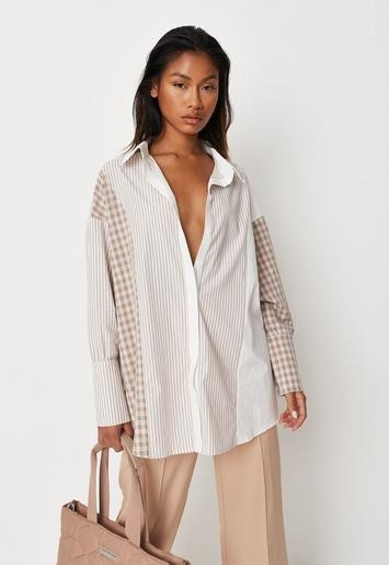 Missguided - Cream Extreme Oversized Check Spliced Shirt | Missguided (UK & IE)