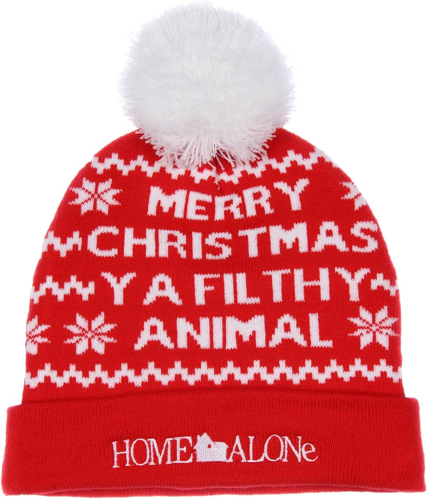 Mad Engine Home Alone Merry Christmas Fold Cuff Pom Adult Knit Beanie Red | Amazon (US)
