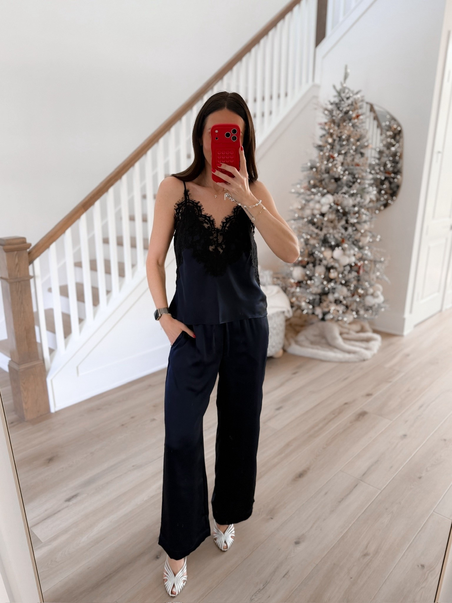 Satin matching set, Black matching set, Lace top, Silver heels, Winter fashion, Annabrstyle 

#LTKSeasonal #LTKOver40 #LTKHoliday