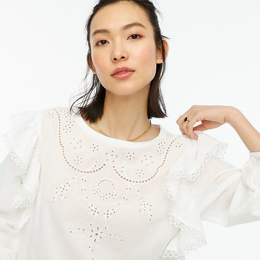 Embroidered ruffle-sleeve top | J.Crew US