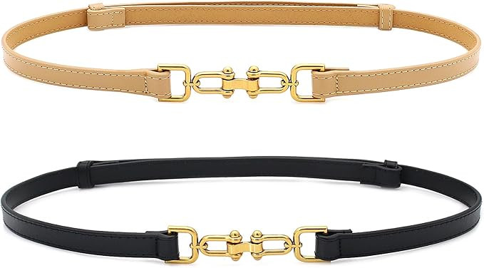 Skinny Leather Belt for Women 2 Pack Thin Waist Belts with Alloy Buckle for Dress | Amazon (US)