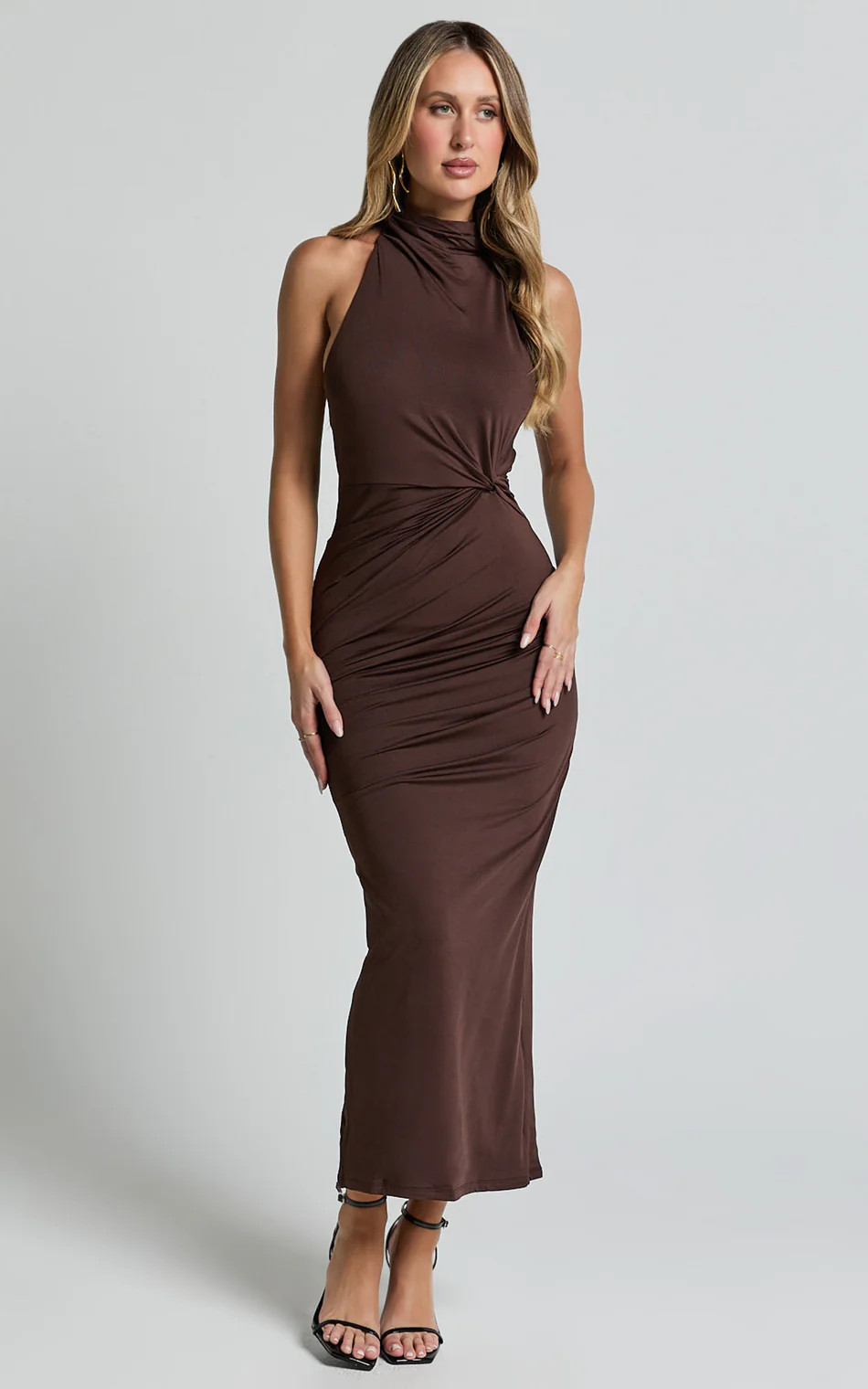 Olenna Midi Dress - Halter Neck Twist Detail Tie Back Dress in Chocolate | Showpo (US, UK & Europe)