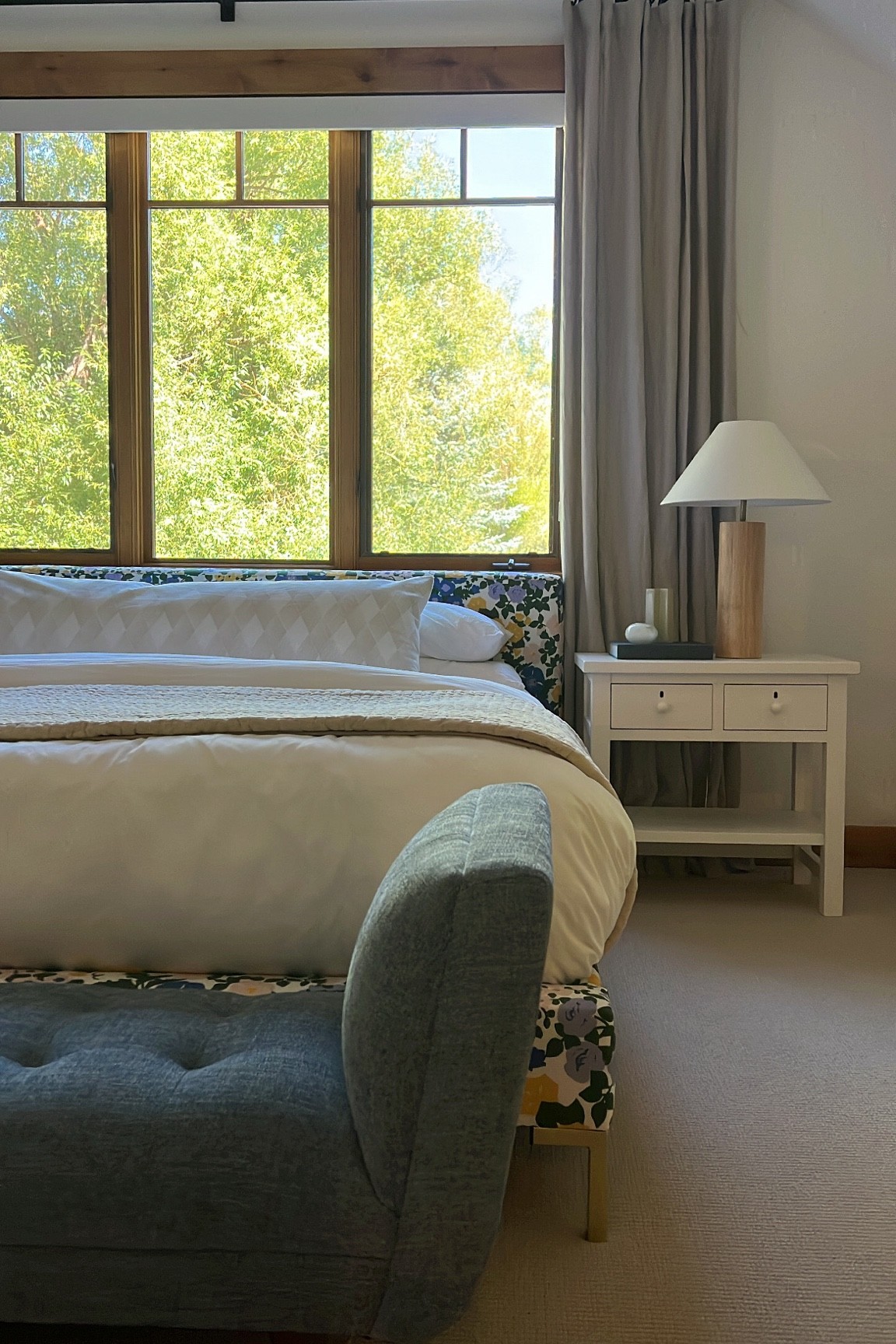 Guest room. Mountain home. Floral bedroom interior design home inspo king bed queen bed luxury bedding nightstand bedside lamps curtains 

#LTKunder100 #LTKfamily #LTKhome