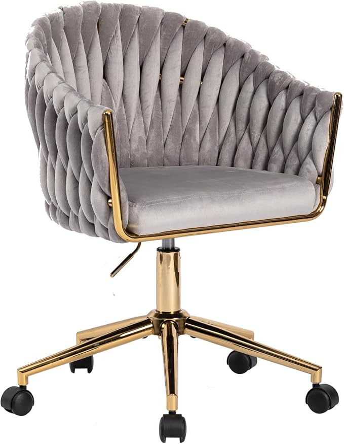 Velvet Office Chair with Hand Woven Back, Vanity Desk Chairs with Golden Wheels, Swivel Home Offi... | Amazon (US)