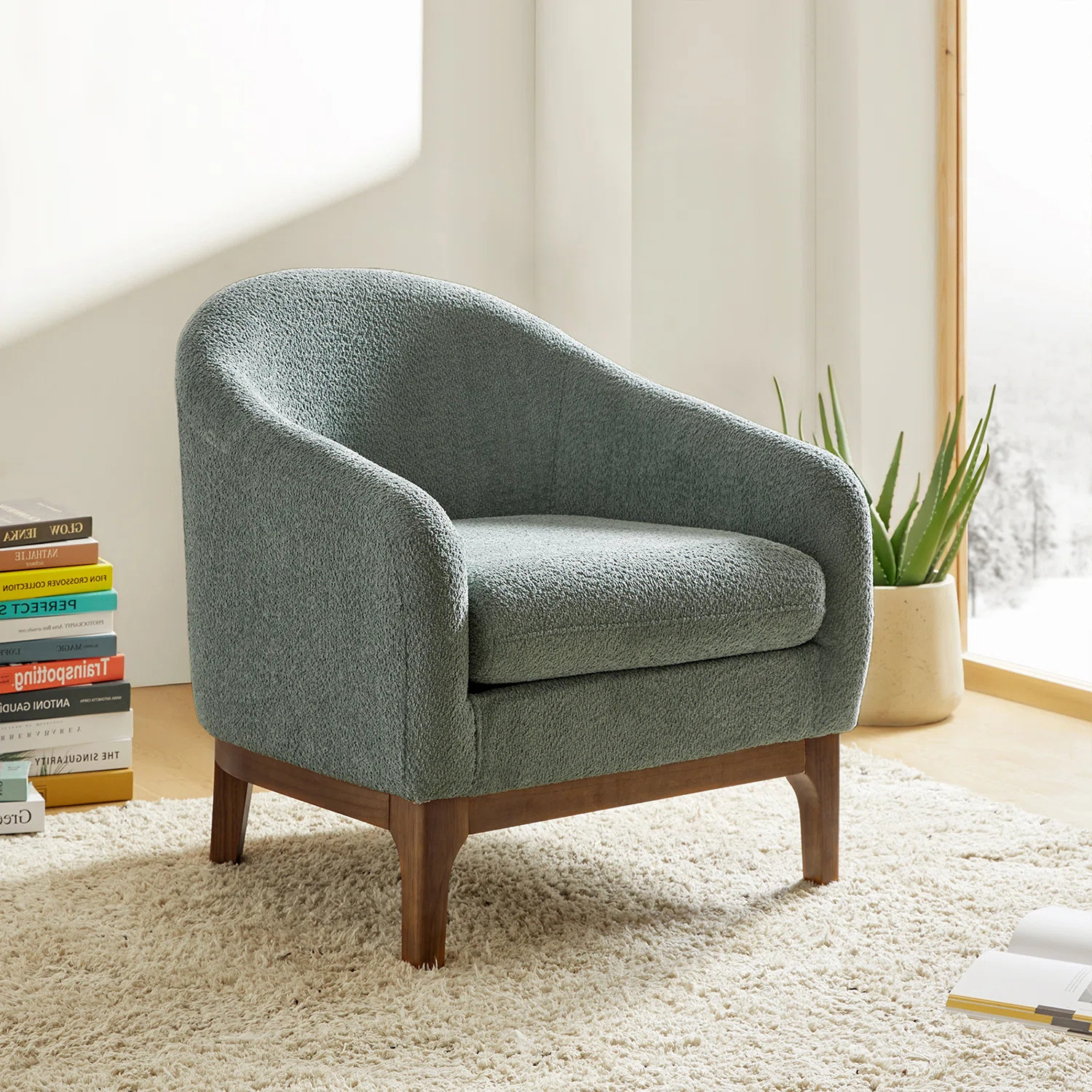 Berklie Modern Boucle Barrel Chair with Solid Wood Legs | Wayfair North America