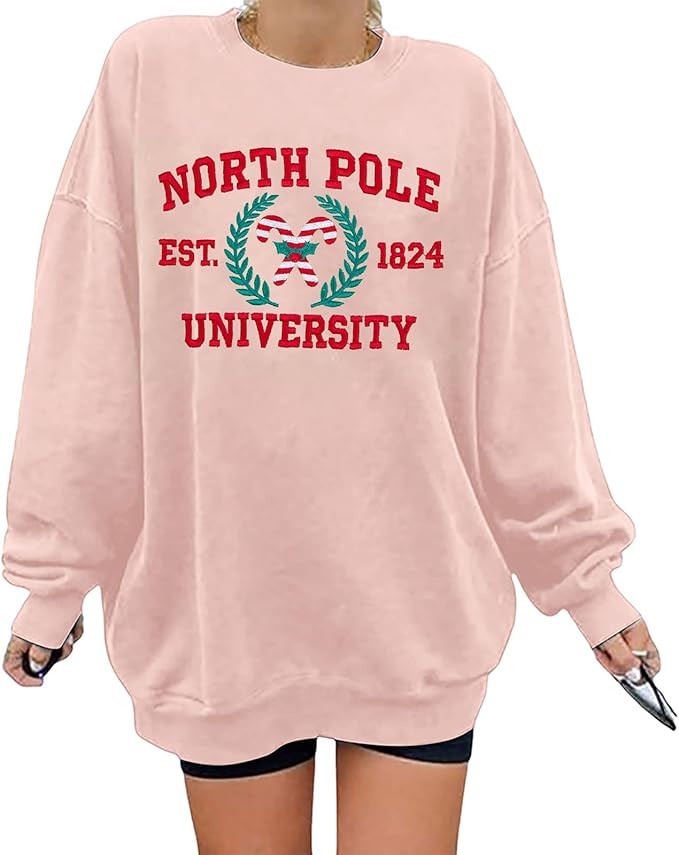 Christmas Sweatshirts for Women North Pole University Sweatshirt Oversized Christmas Embroidered ... | Amazon (US)