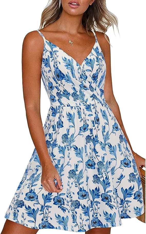 Newshows Women's Summer Dress Floral Spaghetti Strap Sleeveless V-Neck Casual Swing Sundress with... | Amazon (US)
