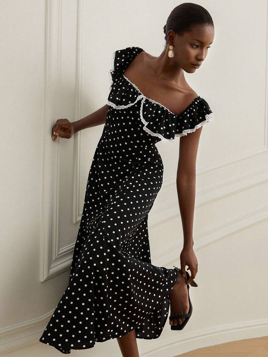 Revavyn Revavyn French Vintage Black & White Polka Dot, Ruffle Trim & Lace Insert Hem, Versatile ... | SHEIN