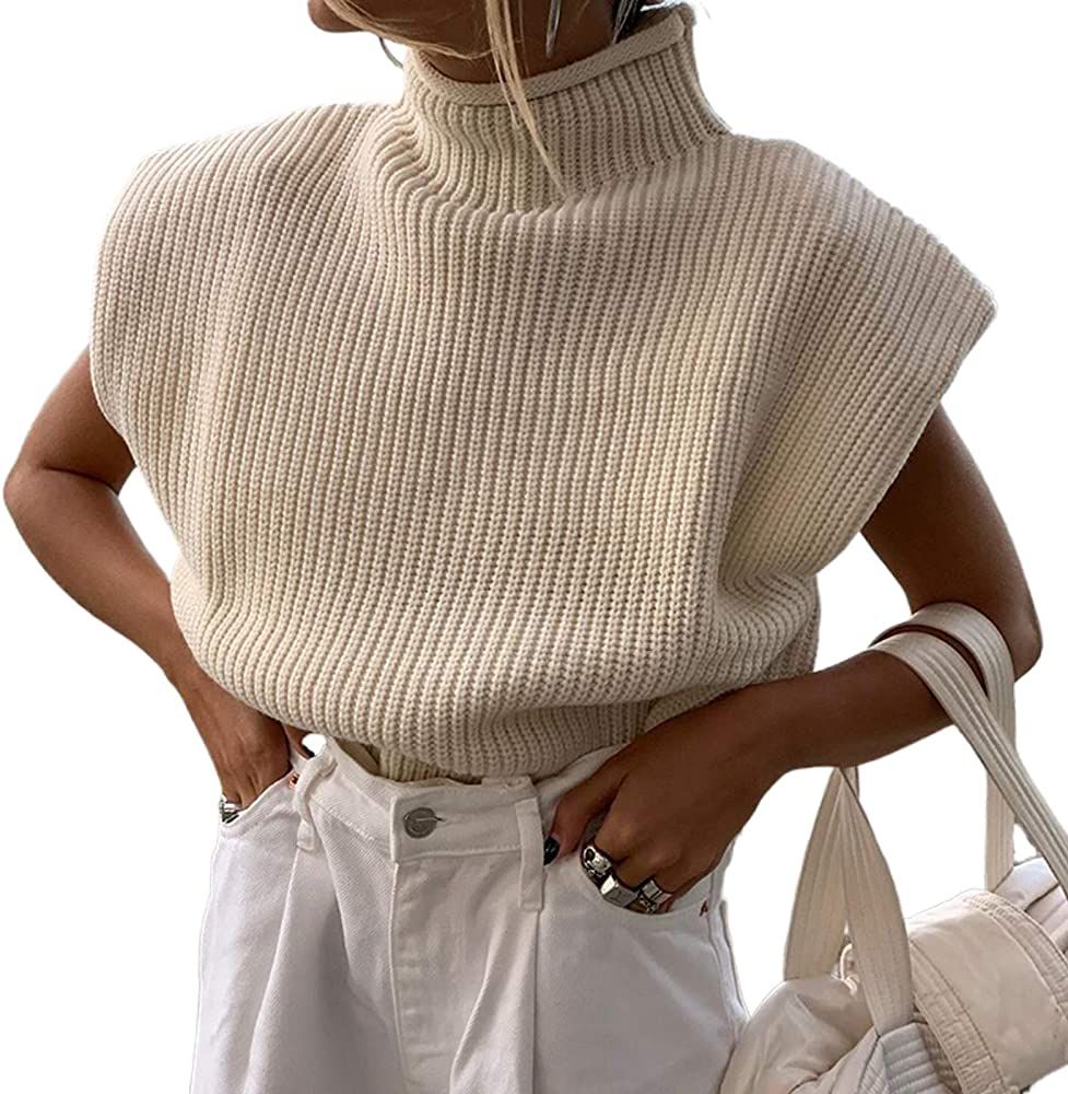 NUFIWI Women’s Knit Sweater Vest Turtleneck Sleeveless Knitted Tank Tops Shoulder Pads Fall Win... | Amazon (US)