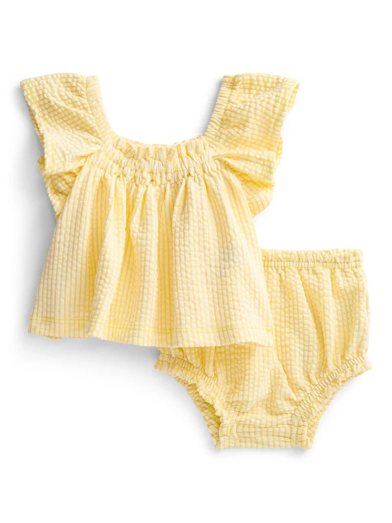 Wonder Nation Baby Girls Seersucker Romper & Bloomers with Flutter-Sleeve, 2-Piece Set, Sizes 0... | Walmart (US)