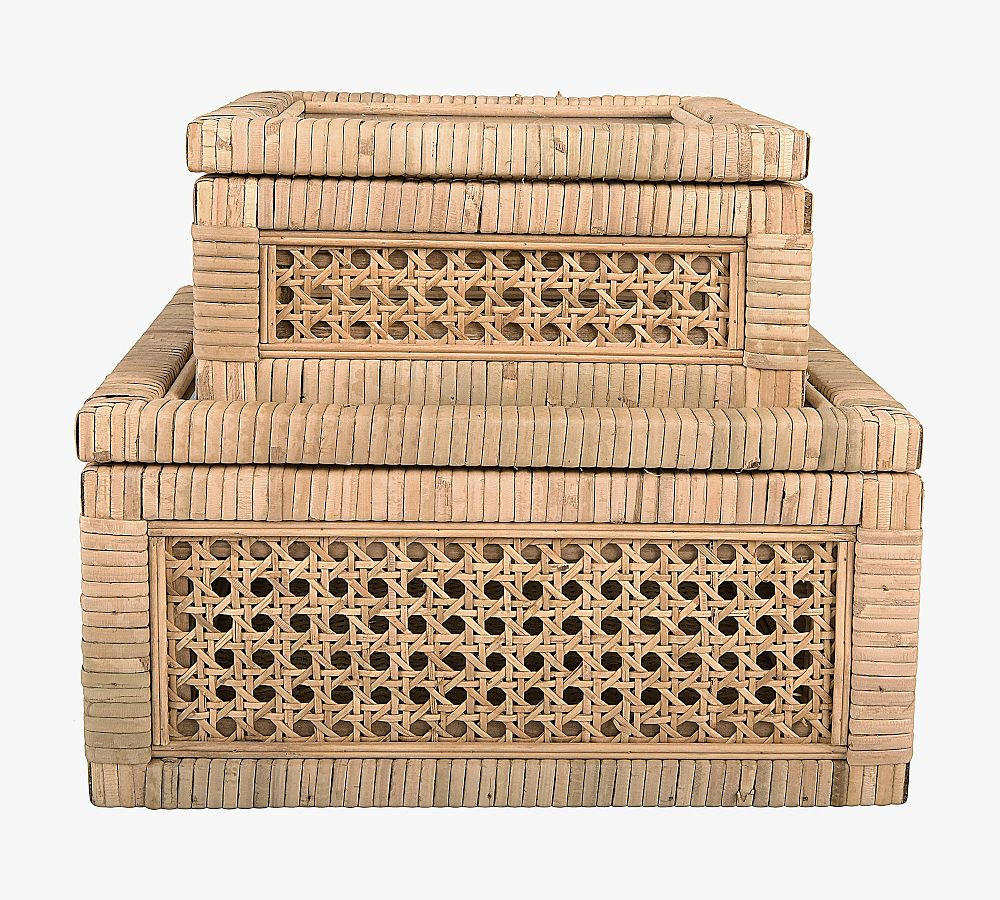 Woven Rattan And Wood Boxes, Set of 2 | Pottery Barn (US)