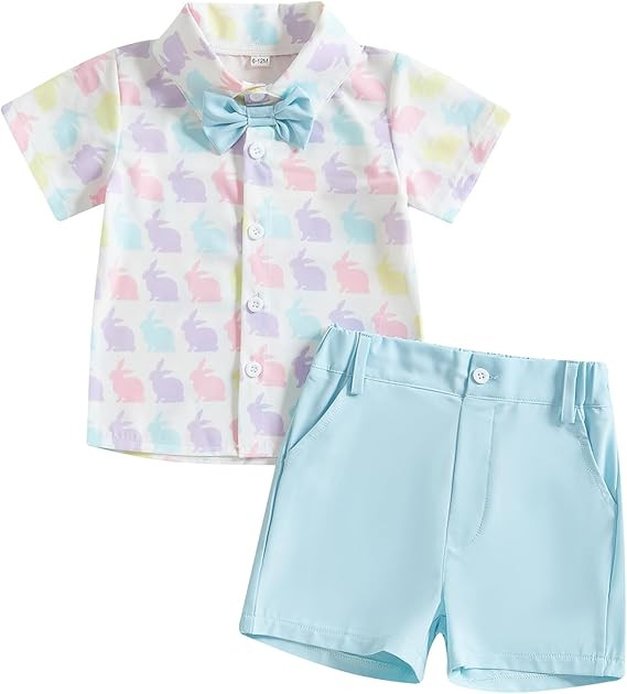 Rtnnsbbfcm Toddler Baby Boy Easter Outfit Short Sleeve Bunny Print Bow Tie Button Down Shirt Top ... | Amazon (US)