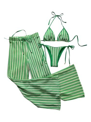 Verdusa Women's 3 Piece Cheeky Striped Crochet Bikini Set Halter Tie Side Swimsuits with Cover Up Pants 2026 Green Medium | Amazon (US)