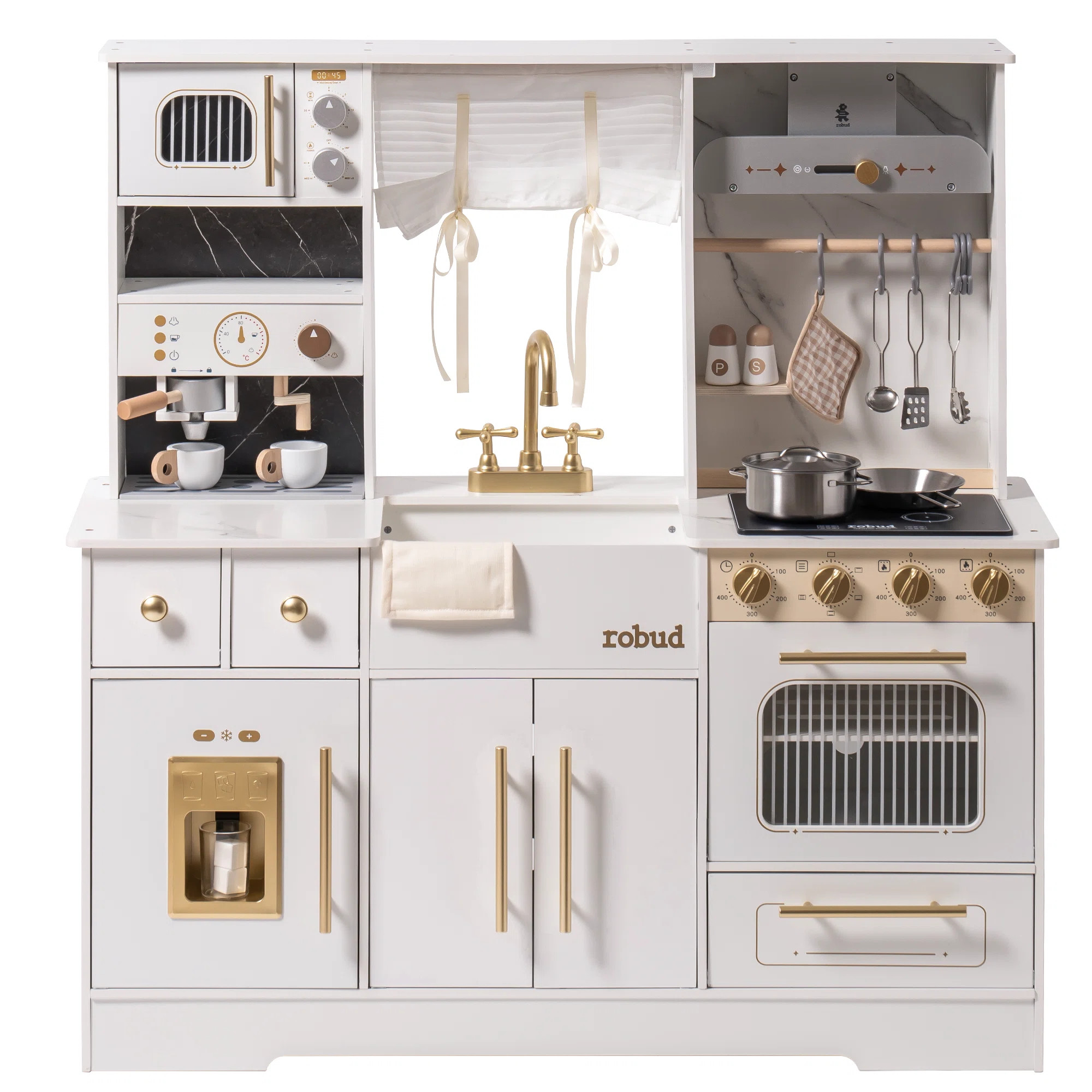 Large Preschool Kitchen Playset, Large Wooden Play Kitchen with Oven, Refrigerator, Coffee Machin... | Wayfair North America