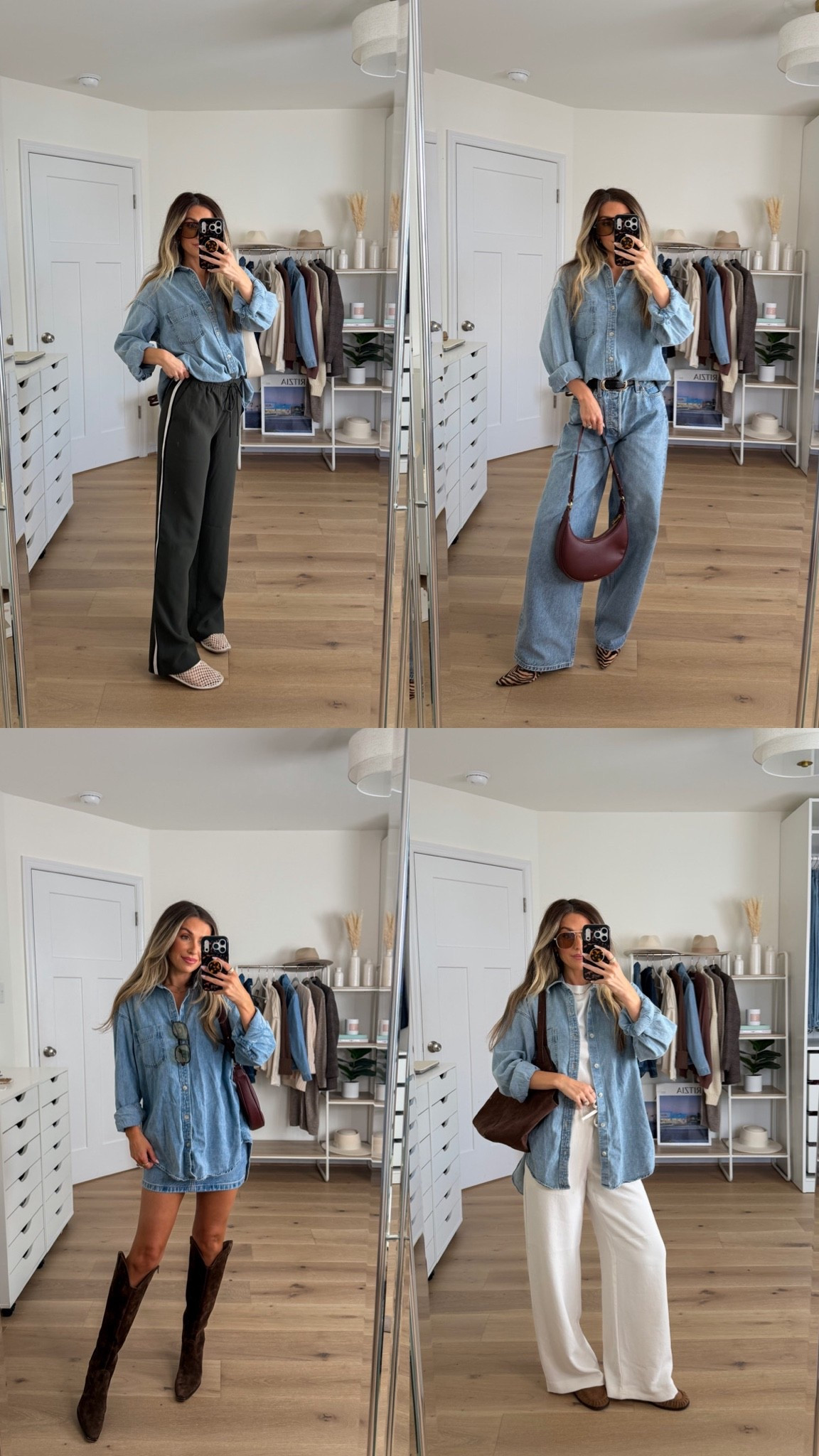 4 ways to wear the Aritzia denim button down shirt! I have the shade 7 yrs pctr this blue size xs! @Aritzia