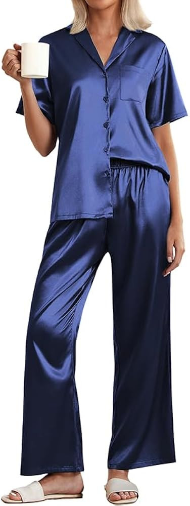 Ekouaer Womens Silk Pajama Sets Short Sleeve Button Down Shirt with Long Pants Soft Sleepwear Sat... | Amazon (US)