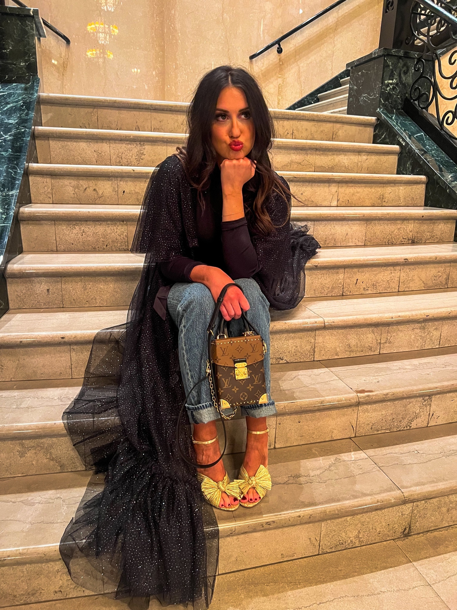 My favorite illuminating jeans by pistola denim! These jeans are sparkly sparkly! Paired with a turtleneck bodysuit, statement Hillhouse sparkle cape, feminine bow heels and Louis Vuitton Reverse Monogram Camera Box NM bag. Rare beauty lipstick in the shade Bold to finish the look. Happy shopping winter outfit lovers ♥️
.
.
.
.
.
.
.
Jeans mom style winter outfit sparkles bow coquette Hillhouse rare beauty gold heels turtleneck bodysuit 

#LTKmidsize #LTKbeauty #LTKshoecrush