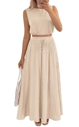PRETTYGARDEN 2 Piece Sets for Women Summer Outfits 2026 Fashion Cotton Sleeveless Crop Top Long M... | Amazon (US)