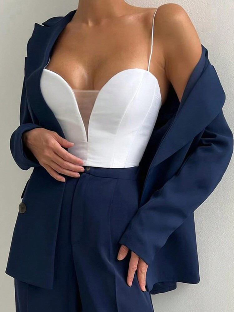 1pc Women Sexy V-Neck Design Elastic Waist Fitted Slim Cami Top, Elegant Commuting, See Through Mesh Insert, For Valentine's Day, Christmas & New Year Eve Party | SHEIN