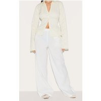 White Cotton Linen Blend Elasticated Waist Straight Leg Pants | PrettyLittleThing US