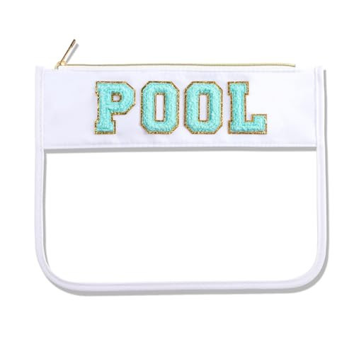 Dealkion Pool Bag Essentials Clear Pool Bag Organizer Chenille Letter Bags Pool Pouch Preppy Patch Beach Makeup Bag Waterproof Travel Cosmetic Bag Toiletry Storage Bag for Women Girl Gifts | Amazon (US)