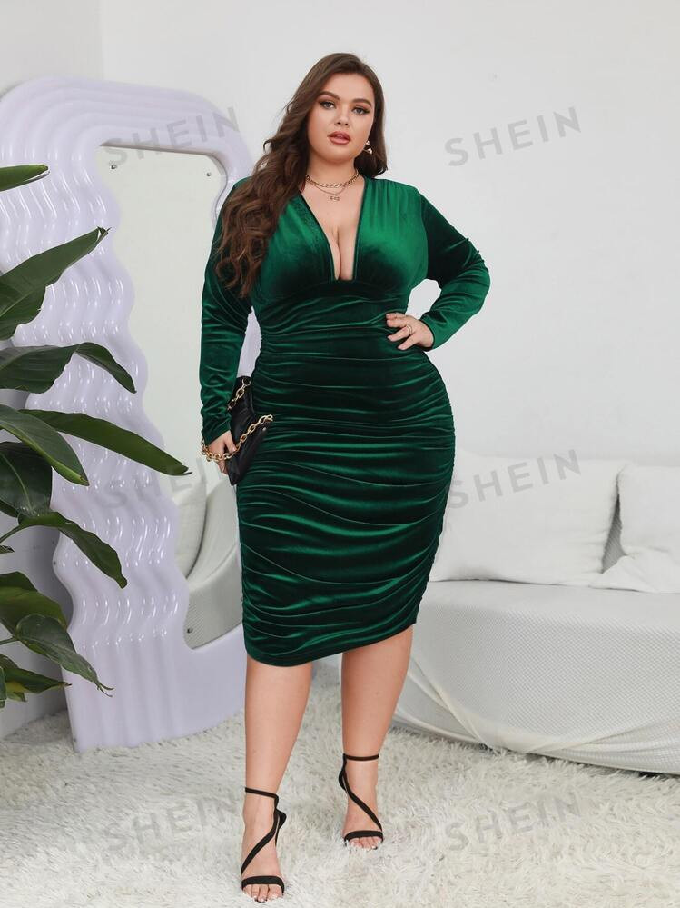 SHEIN Clasi Plus Ruched Velvet Bodycon Dress, For Christmas, Winter | SHEIN