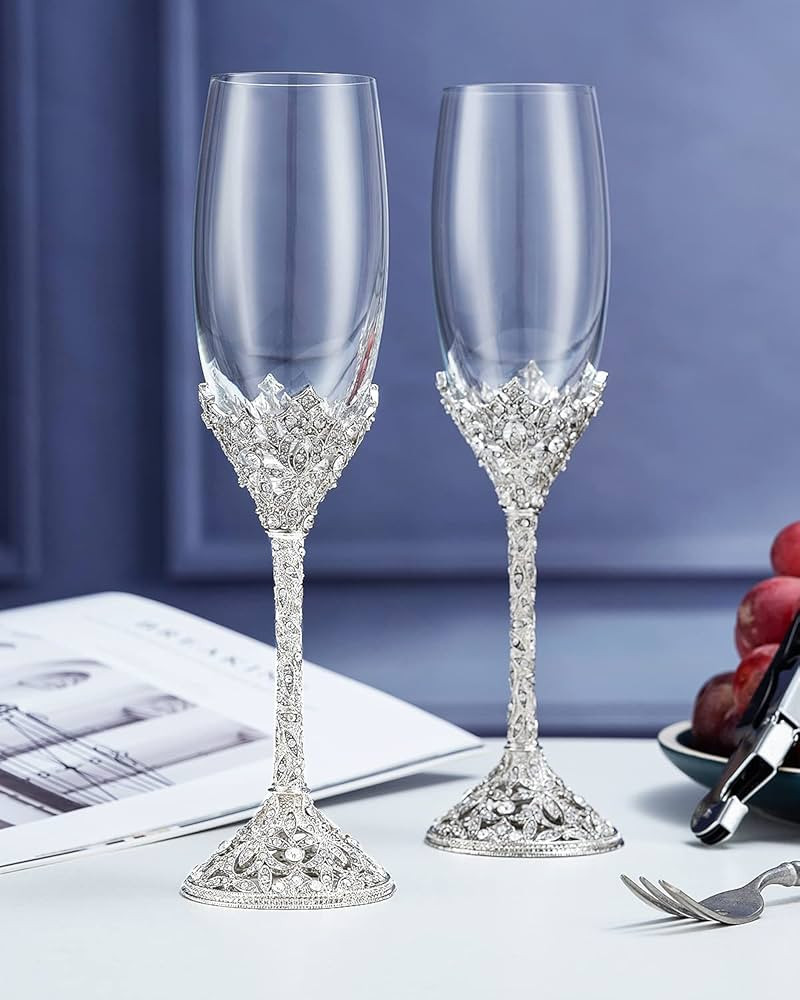 Champagne Flutes - Crystal Glass Metal Base With Crystal Stones, Set of 2 Toasting Flute Pair, We... | Amazon (US)
