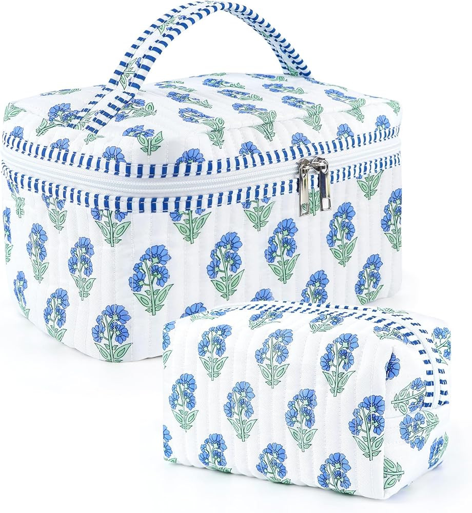 2 Pcs Quilted Makeup Bag Set, Floral Boho Toiletry Bag Travel Essentials Gifts for Women Girls, C... | Amazon (US)