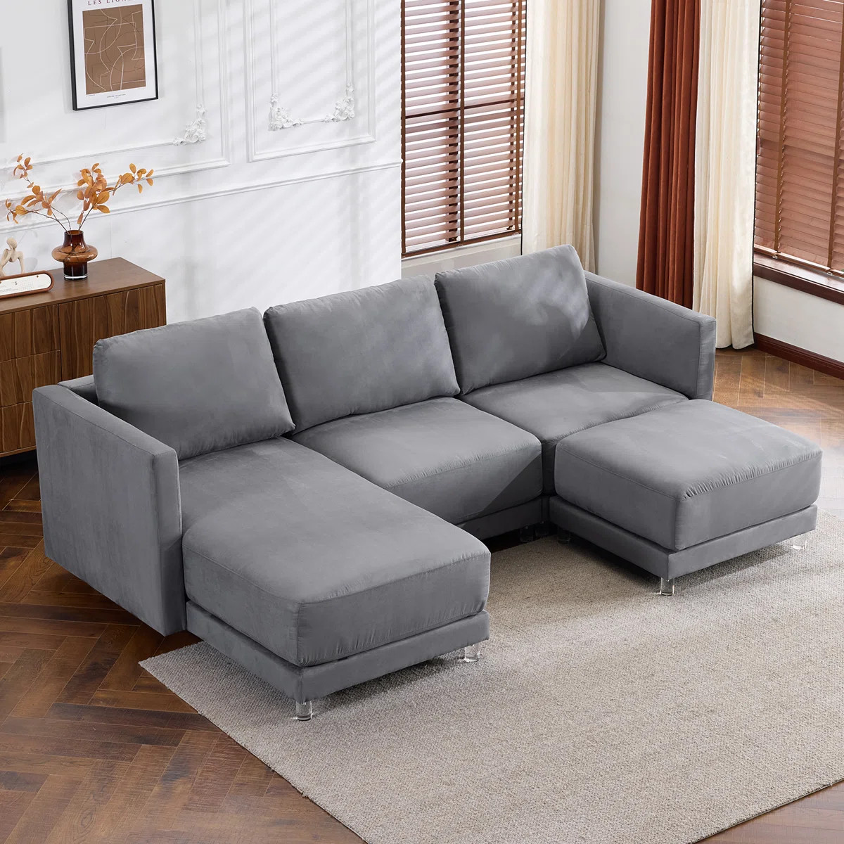 103.5'' 4-Piece Gray Suede Thick Cushion Comfy Cloud Wide Floating Corner Sectional Sofa | Wayfair North America