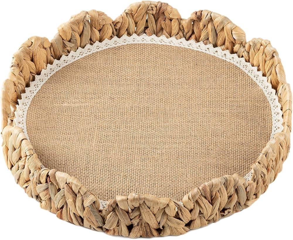 Round Basket Tray Water Hyacinth Scalloped Rattan Basket, Round Serving Tray with Handles,Coffee ... | Amazon (US)