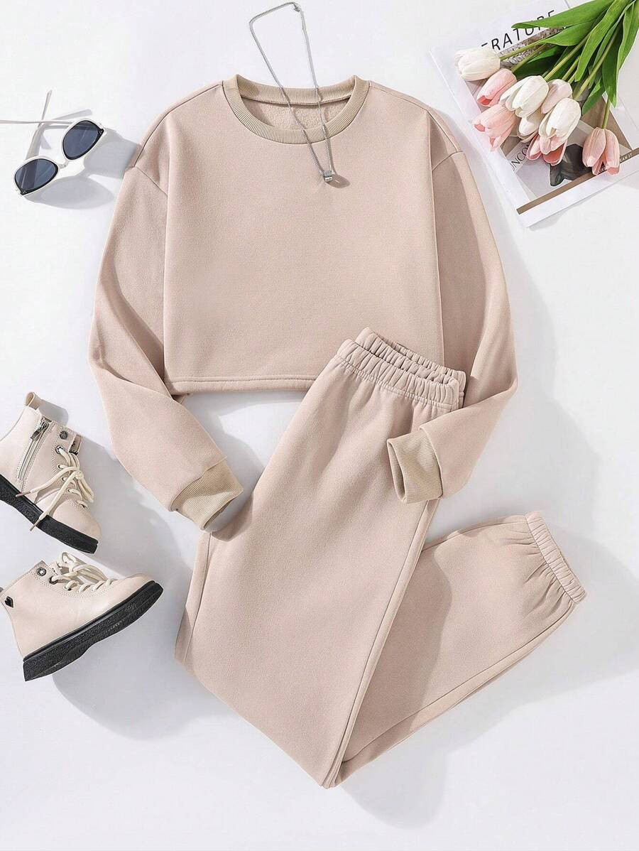 Teen Girl Solid Thermal Lined Sweatshirt & Sweatpants | SHEIN