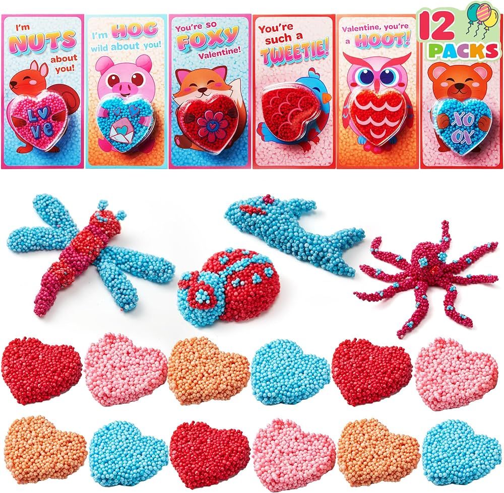 JOYIN 12 PCS Valentines Day Play Modeling Squashy Bead Foam with Greeting Cards, Animal Themed Fu... | Amazon (US)