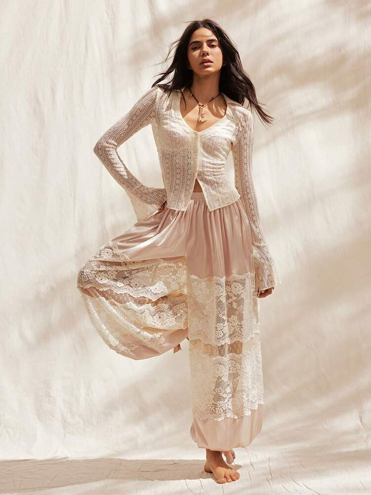Easelle New Arrival Summer Women's Vintage Lace Patchwork Hollow See-Through Romantic Comfortable... | SHEIN