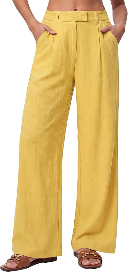 Womens Casual Wide Leg Pants High Waisted Business Trousers Dressy Back Elastic Linen Pants with ... | Amazon (US)