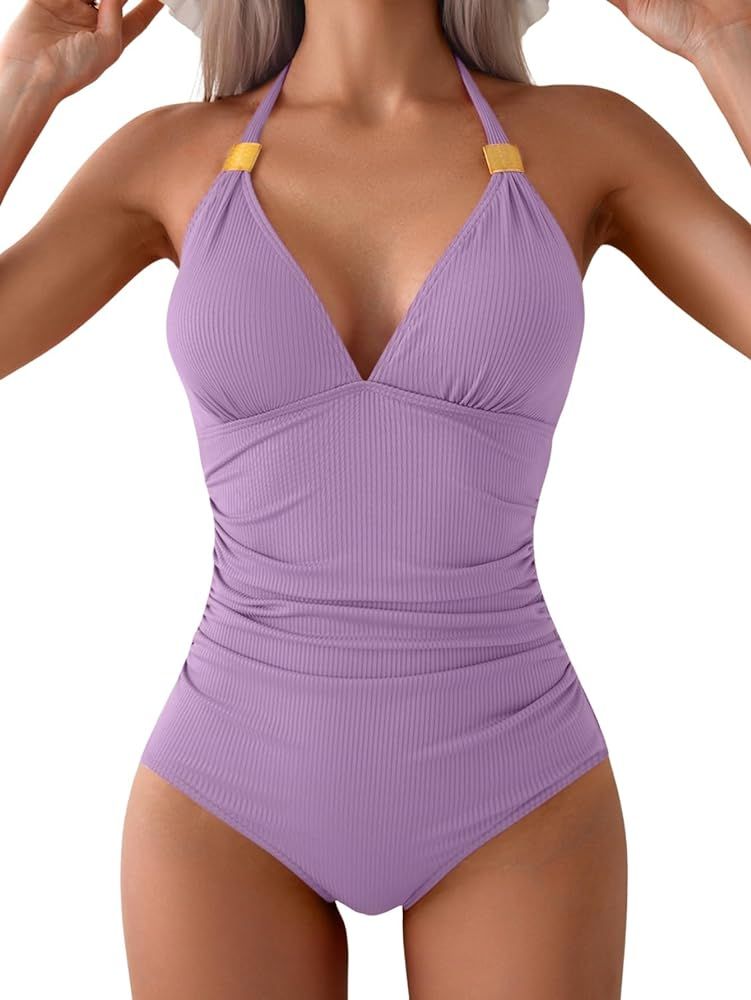 Women Ribbed One Piece Swimsuit Tummy Control Bathing Suit Halter Swimwear V Neck Swim Suit | Amazon (US)