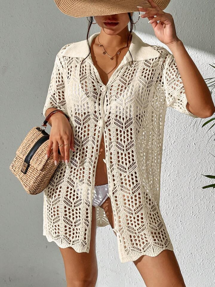 SHEIN Swim Vcay Hollow Out Button Front Kimono | SHEIN