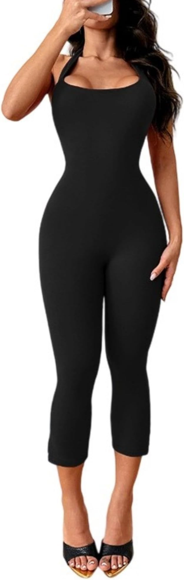 Backless Halter Neck Jumpsuit For Women Bodycon Cropped Capri Romper | Amazon (US)