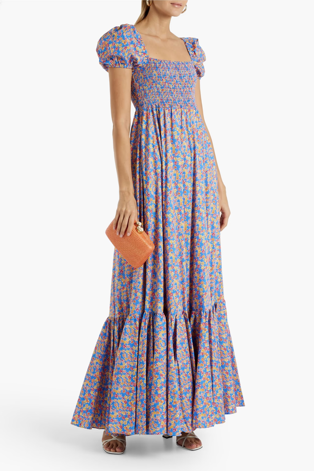 Blue Gianna shirred floral-print cotton-blend poplin maxi dress | CAROLINE CONSTAS | THE OUTNET | The Outnet (US and CA)