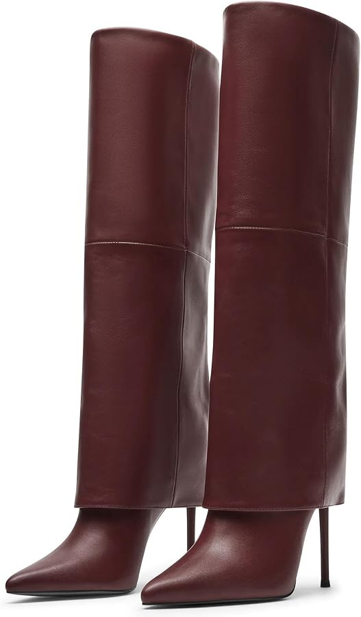 KaroNairy Women’s Knee High Boots, Fold Over Tall High Heel Boots Stiletto Pointed Toe Fashion ... | Amazon (US)