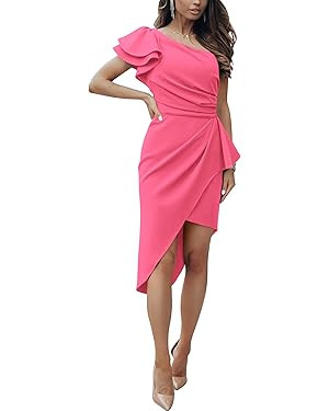 BTFBM Women 2025 Summer Fashion Elegant One Shoulder Cocktail Dress Ruffle Sleeve Wrap Ruched Bod... | Amazon (US)