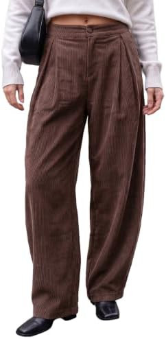 EXLURA Women's Corduroy Barrel Pants Fall Elastic High Waist Wide Leg Pants Comfy Loose Trousers ... | Amazon (US)