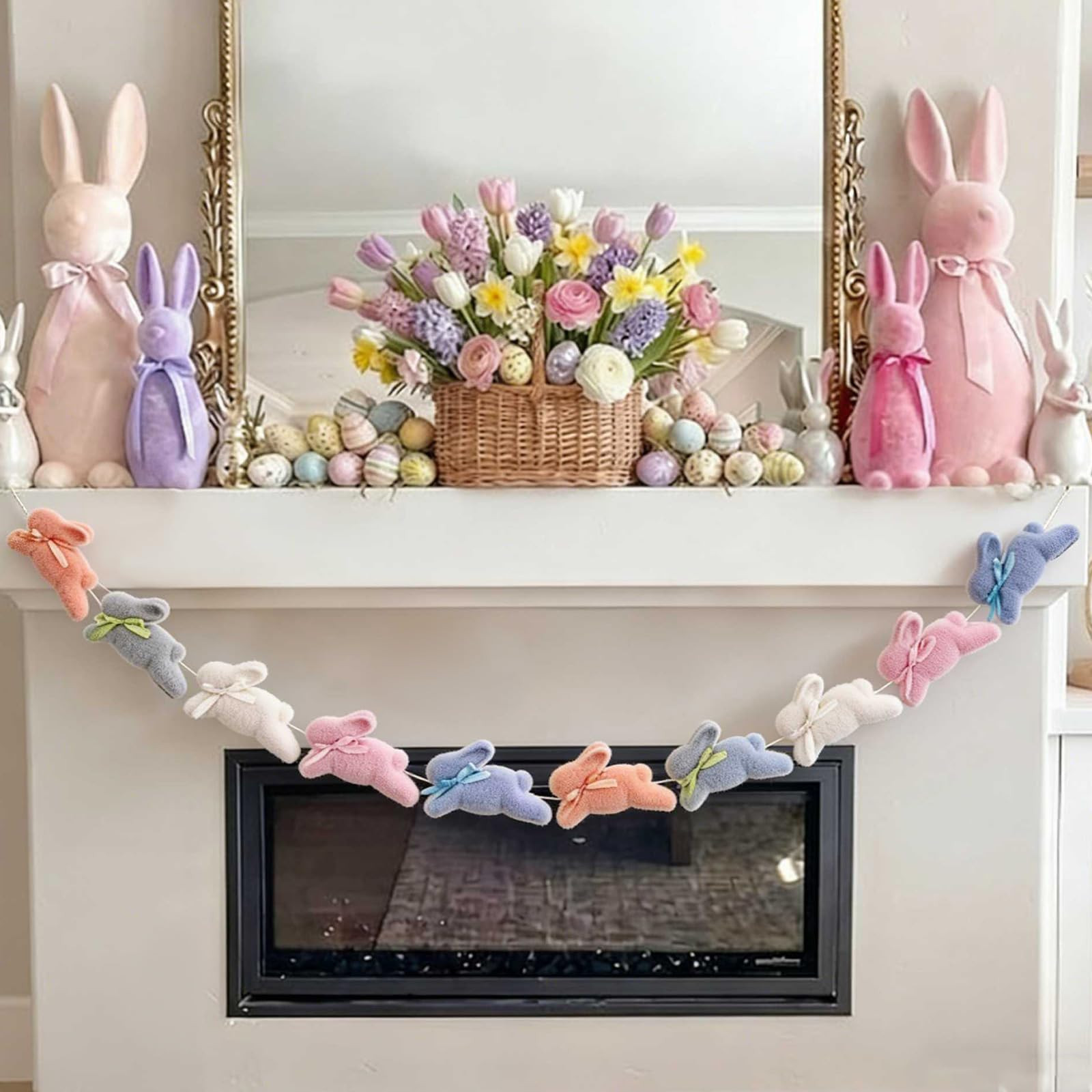 8.2ft Pastel Flocked Easter Bunny Garland 4.7" Cute Bunnies with Bows Banner, Spring Farmhouse De... | Amazon (US)