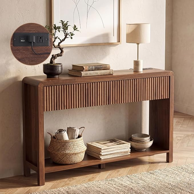 Seang Fluted Sofa Table with Power Outlets,47" Narrow Console Table with 2 Drawers Behind Couch,C... | Amazon (US)