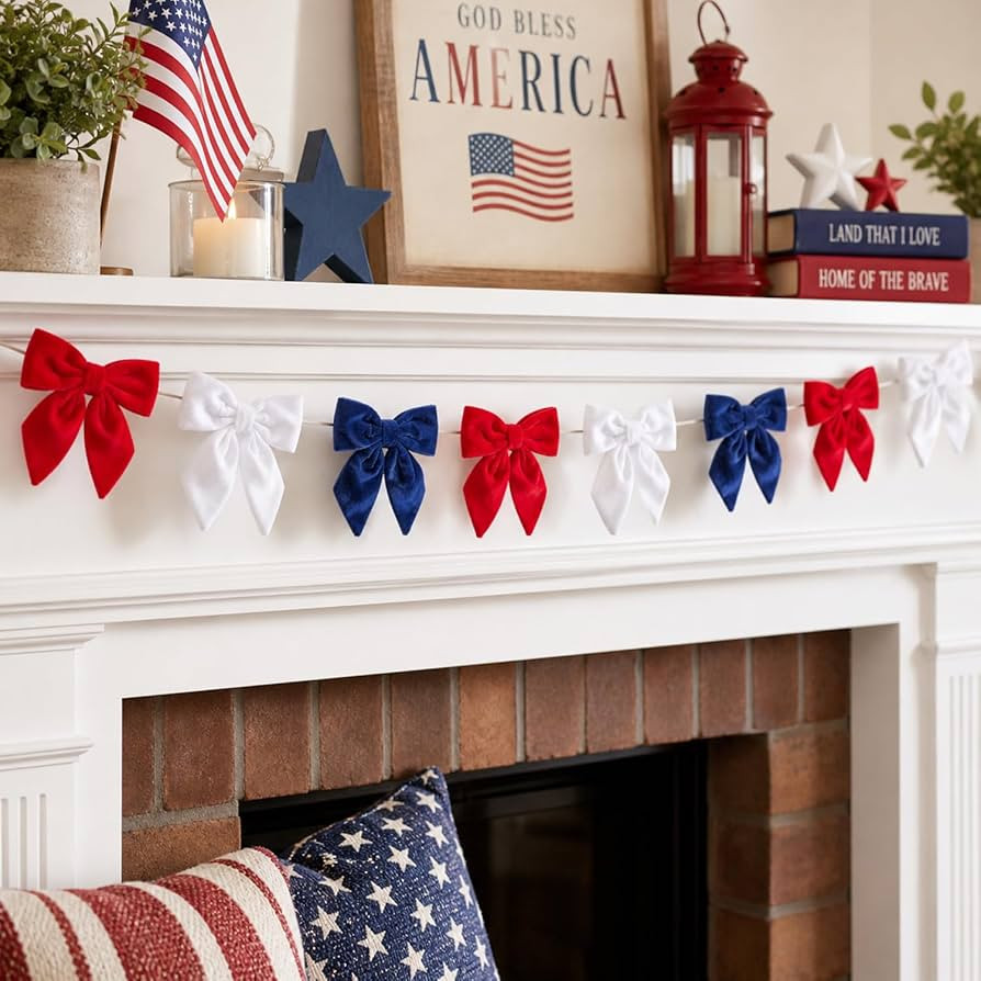 Independence Day Decorations \u2013 6.5 Ft Red White Blue Velvet Bow Garland \u2013 Patriotic Roo... | Amazon (US)