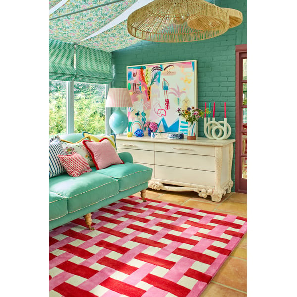 Basketweave Coral/Rose Wool Hand-Tufted Checkered Area Rug | Rugs Direct