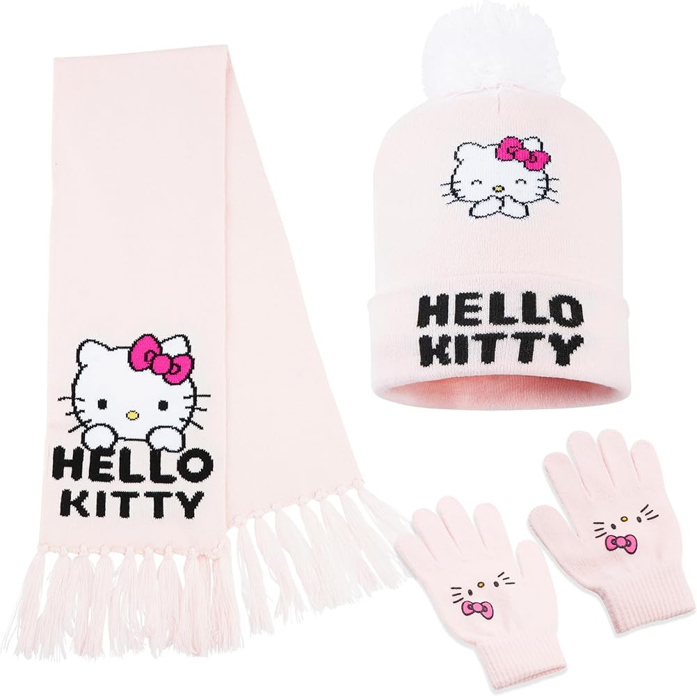 Hello Kitty Girls Hat Scarf And Gloves Set Winter Accessories Kawaii Cozy Warm 3 Piece, Anime Gif... | Amazon (US)