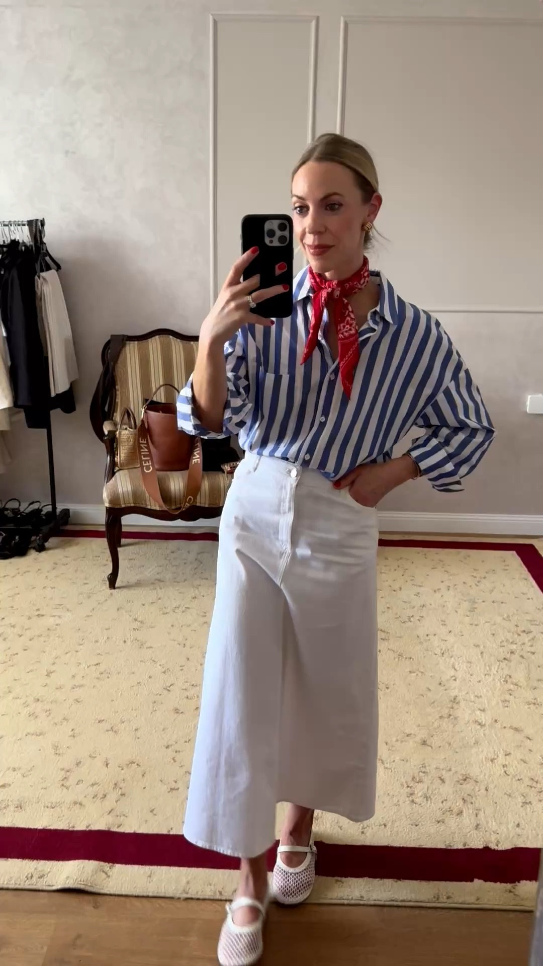 Memorial Day outfit, red white and blue, red bandana scarf, blue striped shirt, white denim skirt, mesh ballet flats

#LTKOver40 #LTKootd #LTKSeasonal